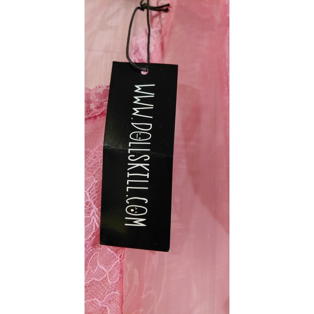 Dolls Kill Sugar Thrillz Pink Sheer Organza Tiered Lace Ruffle Maxi Dress NEW XS - Picture 12 of 13